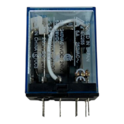 A small electrical relay component with a transparent blue-tinted cover, black base, white internal wire, and metal pins, shown on a plain white background.