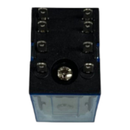 A small black electrical relay component with a translucent blue lower housing and multiple metal terminal screws on top, shown against a plain white background.
