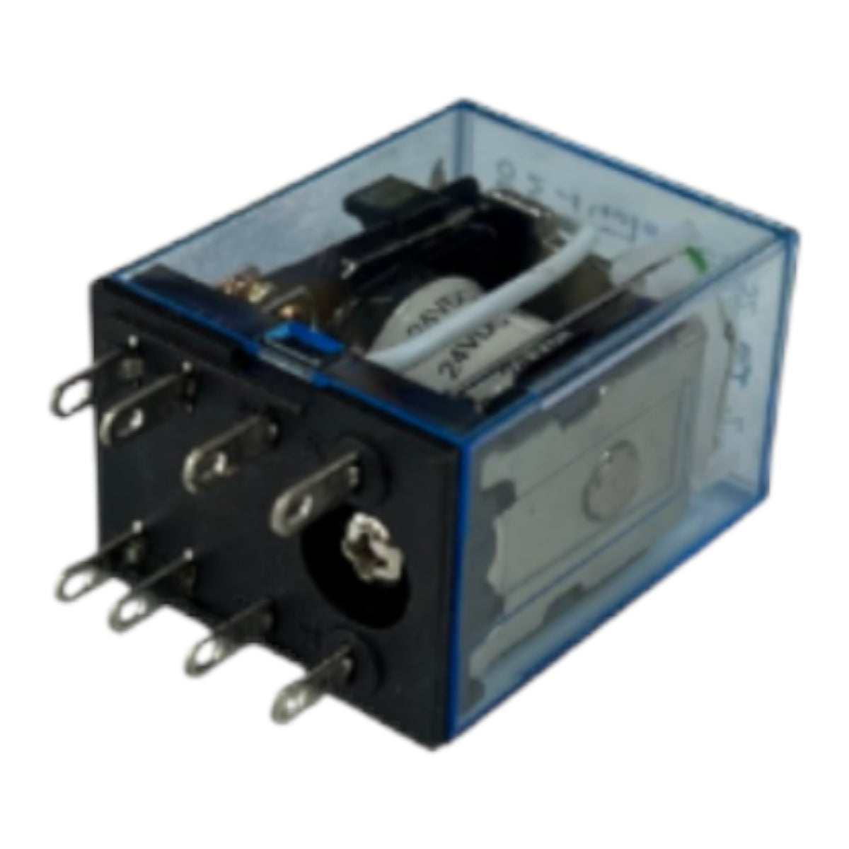 A small electrical relay with a transparent blue plastic housing, black front faceplate, and multiple metal terminal posts, shown on a plain white background.