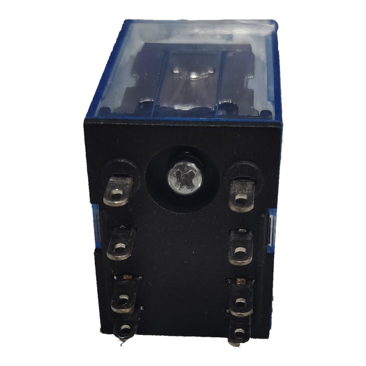 A black electrical relay component with a blue side frame, a clear plastic top cover, and multiple metal screw terminals, shown against a plain white background.
