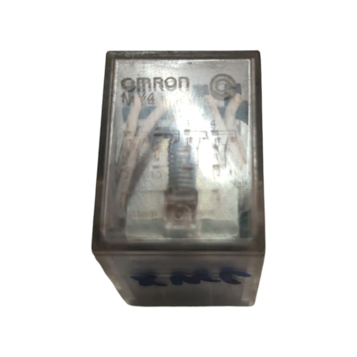 An Omron MY4 relay component with a clear plastic cover and internal metal contacts, shown against a plain white background.
