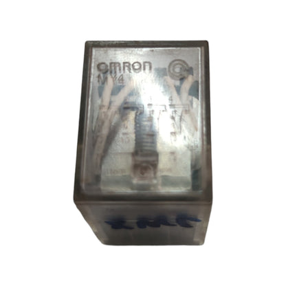 An Omron MY4 relay component with a clear plastic cover and internal metal contacts, shown against a plain white background.