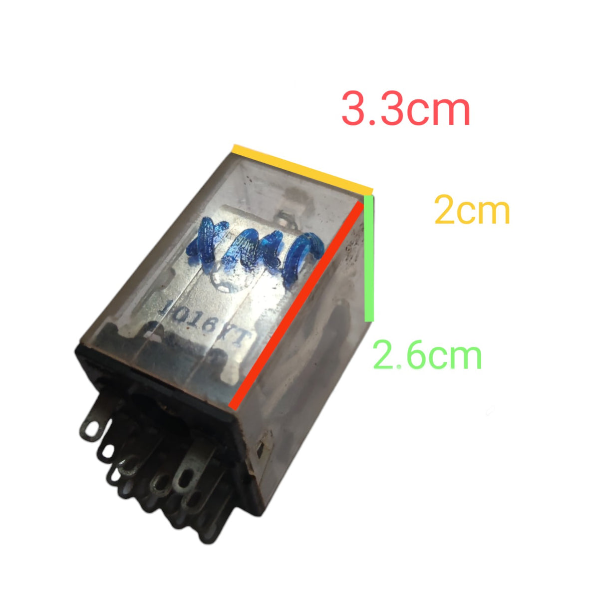 A small rectangular electronic component with a transparent top cover and black base, shown on a white background with red, yellow, and green dimension labels indicating 3.3 cm, 2 cm, and 2.