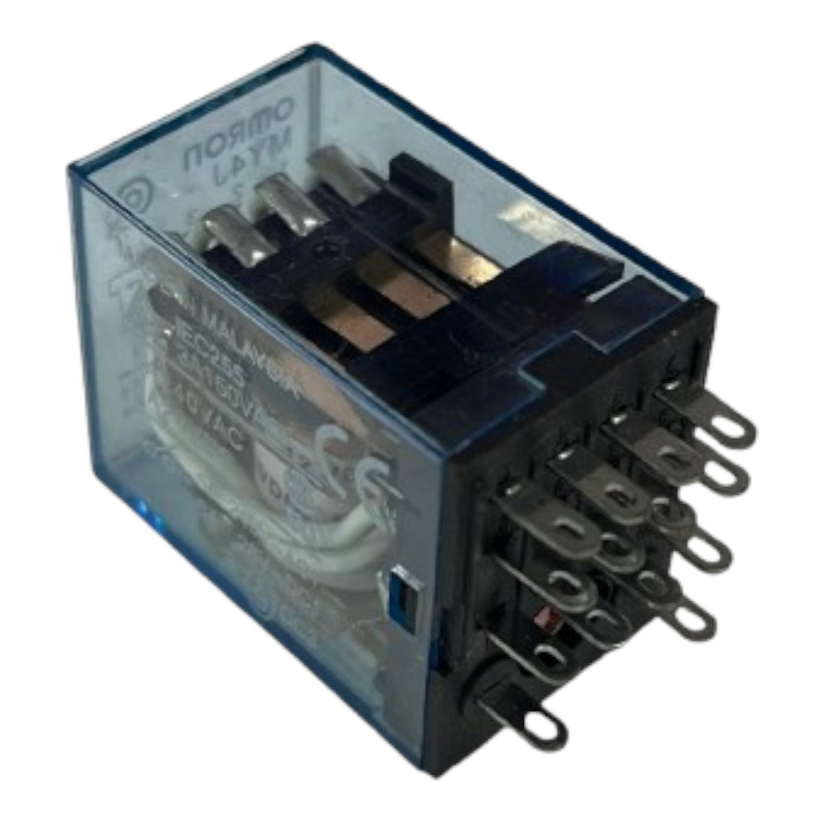 A Norimo L4 YM electrical relay with a transparent blue plastic housing, black internal components, and multiple metal terminal posts on the side, shown against a plain white background.