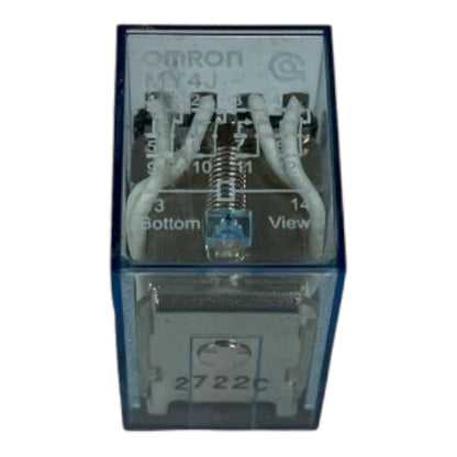 An Omron MY4J relay contact module with a blue translucent plastic casing, showing internal metal contacts and white terminal wires on a white background.