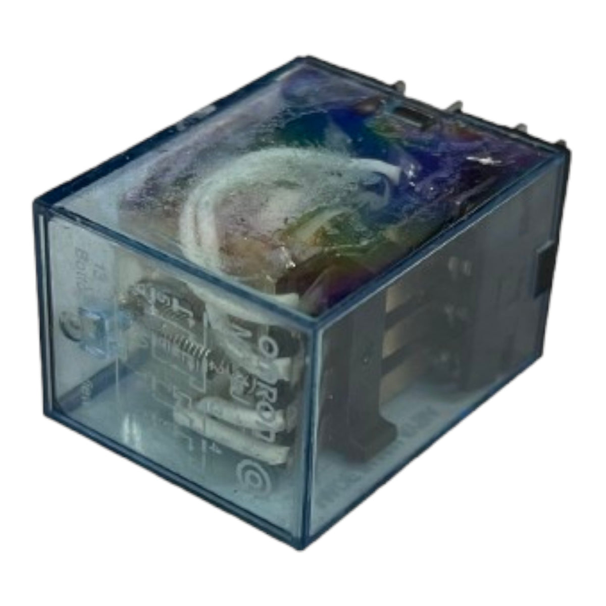 A translucent blue plastic electrical relay component with internal metal contacts and wiring visible inside, isolated on a white background.