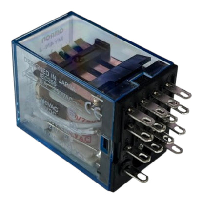 A small electrical relay component with a transparent blue plastic housing, black terminal base, and multiple metal screw terminals on one side, shown on a plain white background.