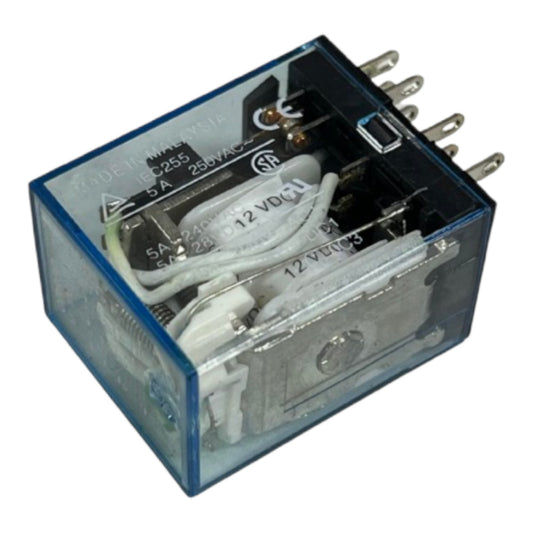 A 5A 12V AC relay contactor with a transparent blue plastic case, showing internal white wires and metal contacts on a white background.