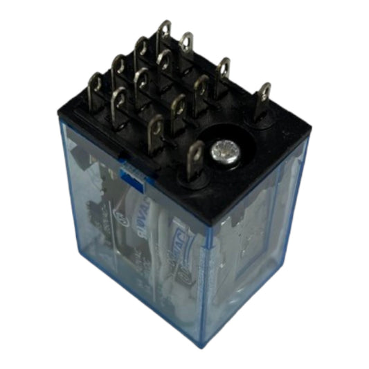 A 5-way automotive relay with a transparent blue plastic housing, black top terminal cover, and silver metal pins, shown on a white background.