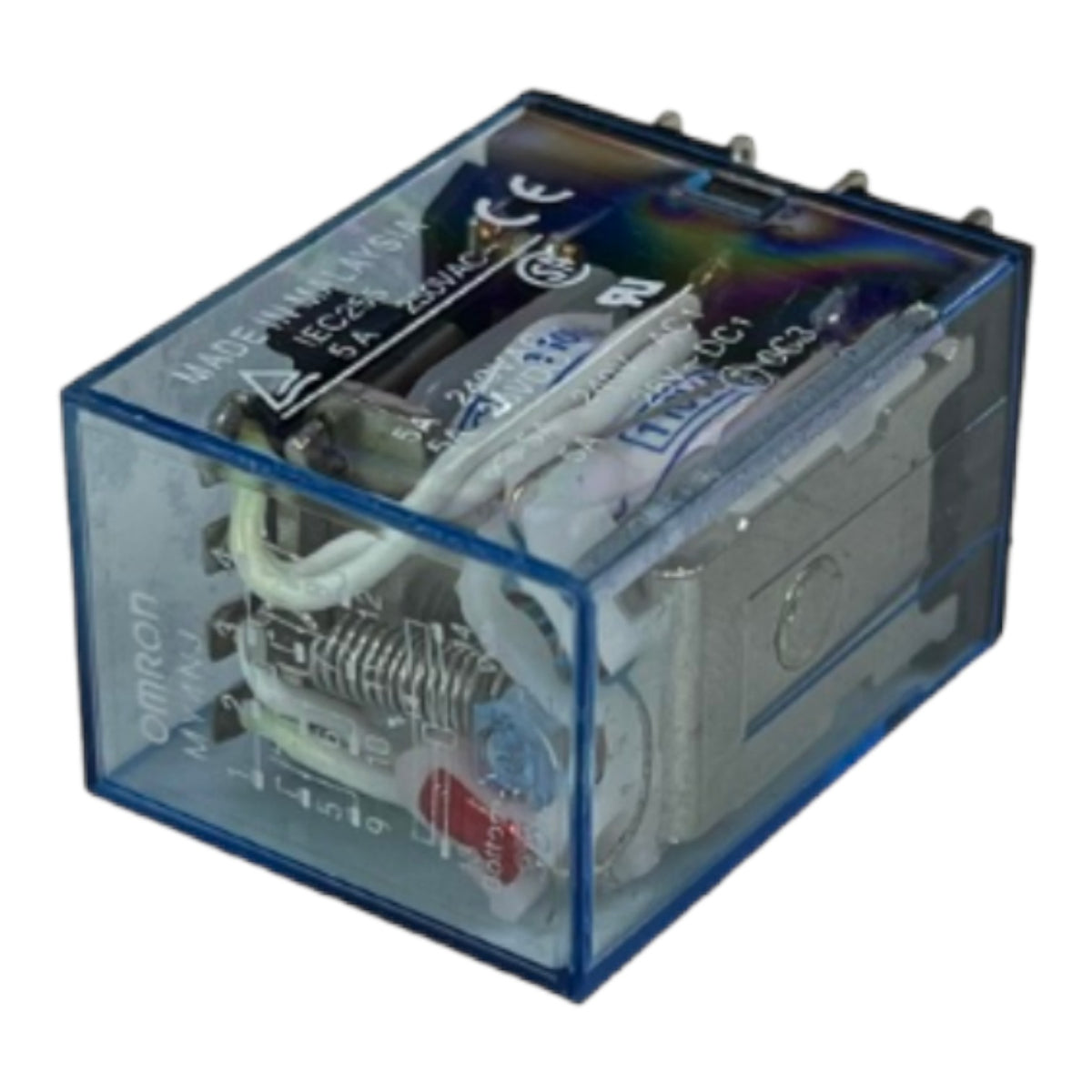 An Omron relay component with a transparent blue plastic case, showing internal wiring and contacts on a white background.