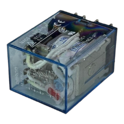 An Omron relay component with a transparent blue plastic case, showing internal wiring and contacts on a white background.