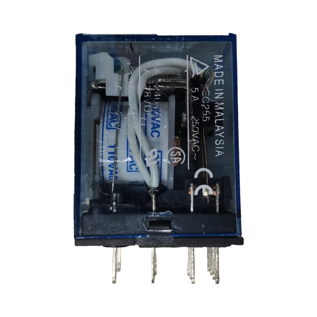 A small electrical relay component with a blue plastic housing, clear top cover, white internal wires, and metal pins extending from the bottom, photographed on a plain white background. Visible text includes 'MADE IN MALAYSIA' and technical markings.