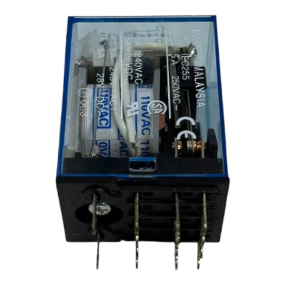 An industrial relay contact module with a black plastic housing, clear top cover, and internal metal contacts, shown on a white background.