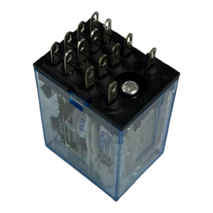 A 5-way automotive relay with a transparent blue plastic housing, black top terminal cover, and silver metal pins, shown on a white background.