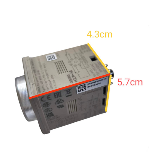 A small industrial electronic module shown on a white background with yellow and red dimension labels indicating 4.3 cm and 5.