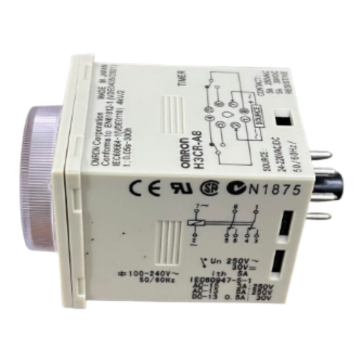 An Omron H-3CR-H8A contact timer module, model N1875, shown on a white background. The product is beige plastic with a translucent purple circular dial on the left and a black terminal connector on the right.