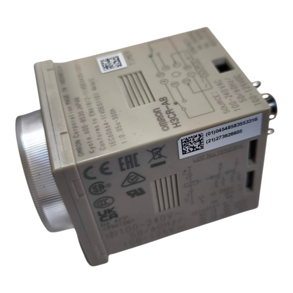A beige industrial electrical relay component with a silver metal terminal knob, printed technical specifications, and stickers, shown on a plain white background.