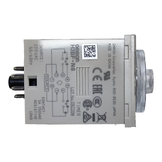 Omron H3BF-NB contact module, 30V AC/DC, 5A, showing the side with technical specifications, diagrams, and certification logos on a white background.