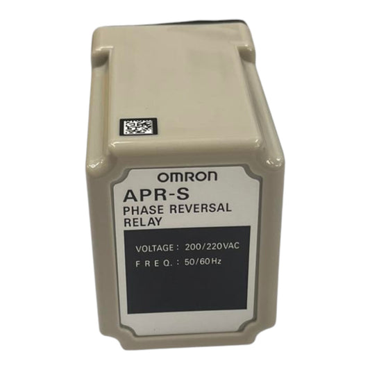 An Omron APR-S Phase Reversal Relay electrical component, featuring a beige plastic housing and a white label with black text, shown on a plain white background.