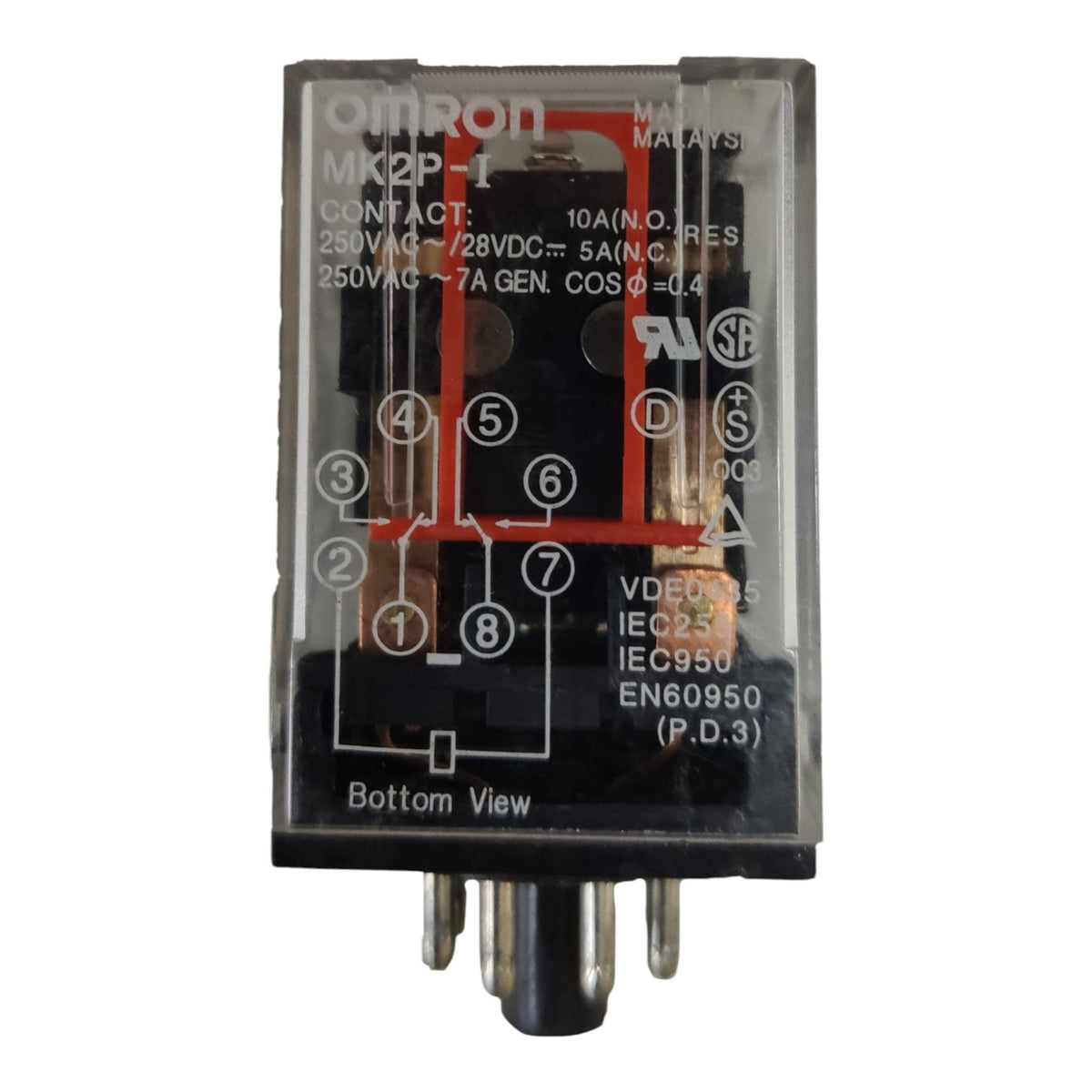An Omron MK2P-I contact relay with a clear plastic casing, black base, and silver metal pins, shown against a plain white background.