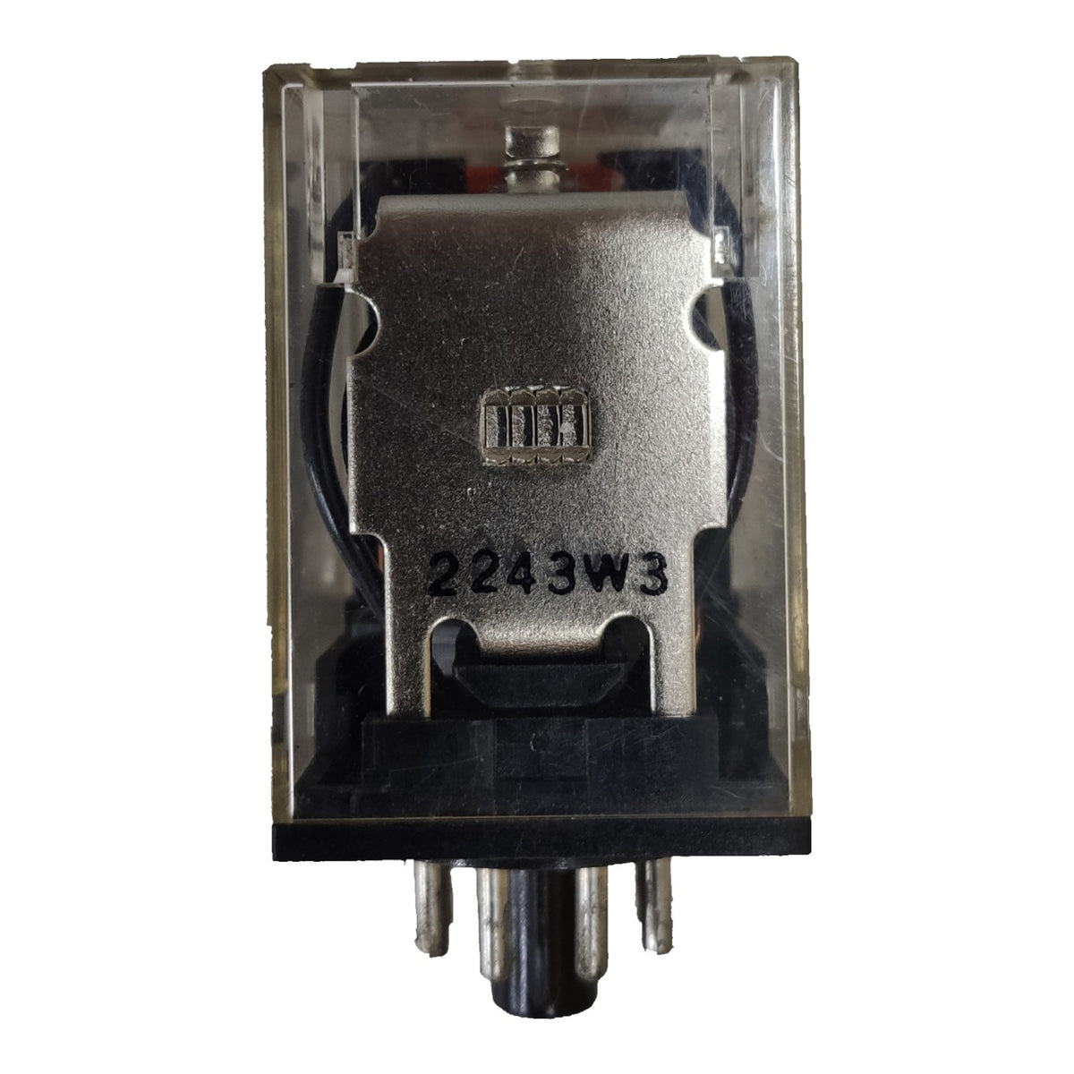 A small industrial electrical relay component with a clear plastic housing, silver metal core, black terminal wires, and a black base, shown on a plain white background.