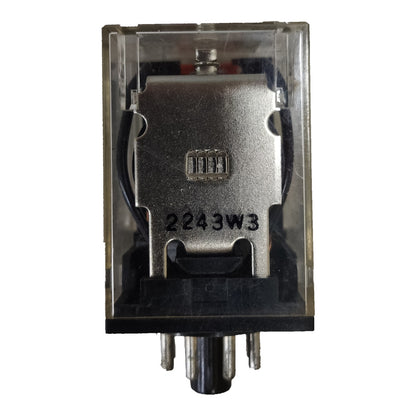 A small industrial electrical relay component with a clear plastic housing, silver metal core, black terminal wires, and a black base, shown on a plain white background.