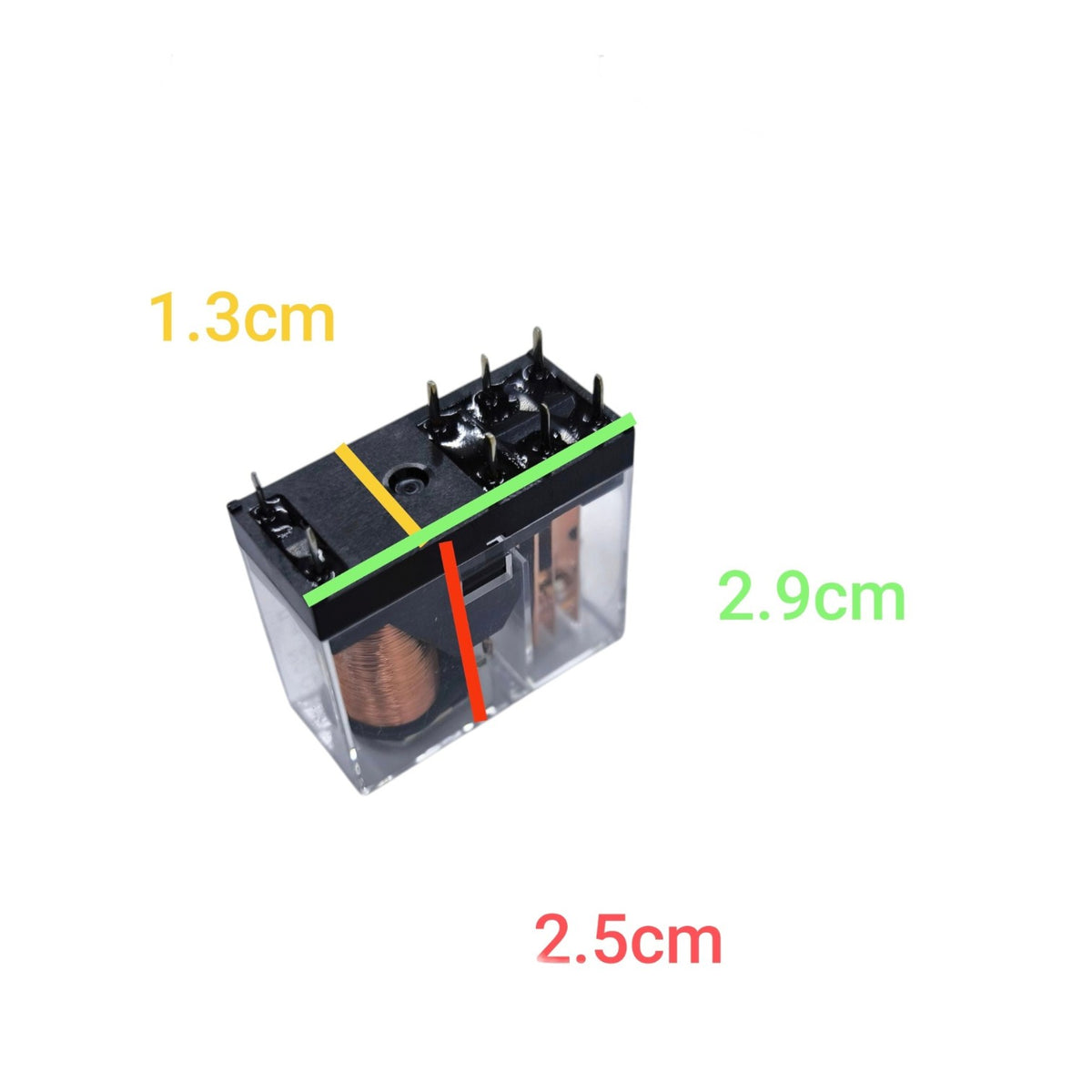 A small rectangular electronic component with a transparent case and black top, shown on a white background with overlaid dimension labels reading 1.3cm, 2.