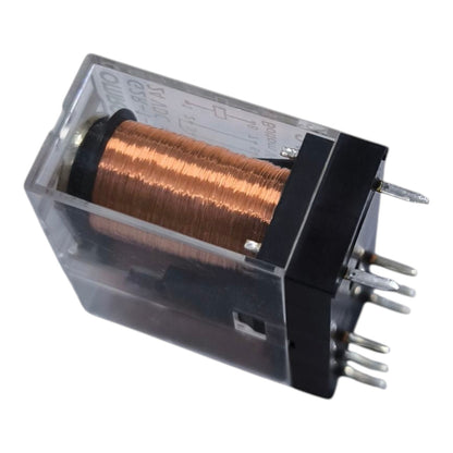 An electronic relay component with a copper-colored coil inside a clear plastic housing, featuring black terminal blocks and multiple metal pins on a white background.