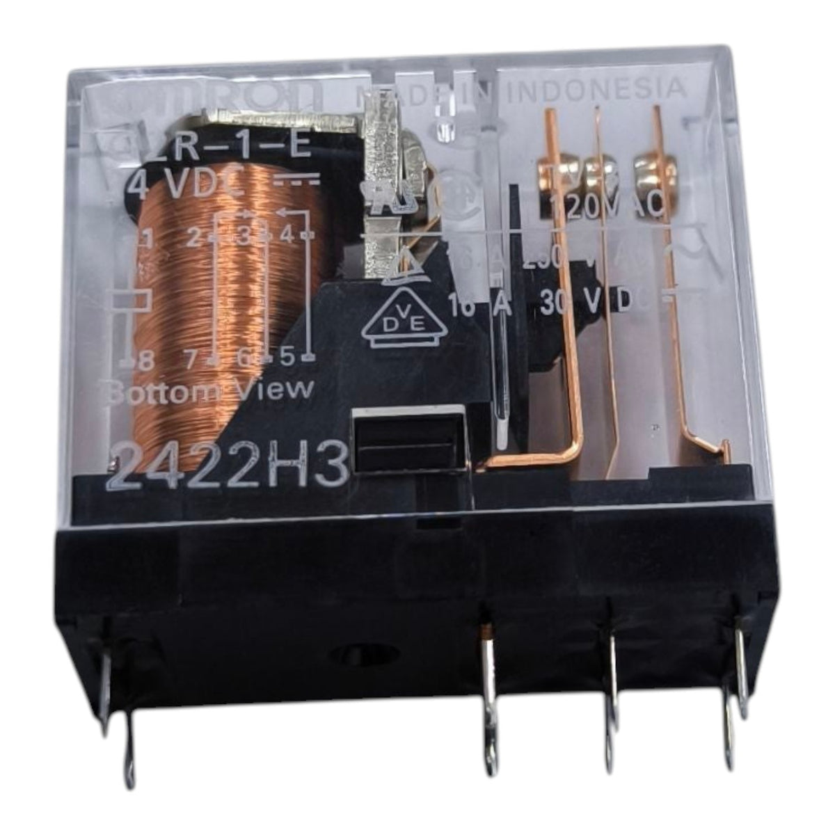 A black and clear plastic electrical relay component with a copper coil, internal metal contacts, and multiple metal pins, shown on a plain white background. White printed text includes 'INDONESIA', '2422H3', and terminal markings.