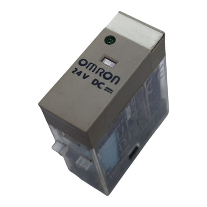 An Omron 24V DC relay contact module with a gray metal top, clear plastic housing, and a small green LED indicator, shown on a white background.