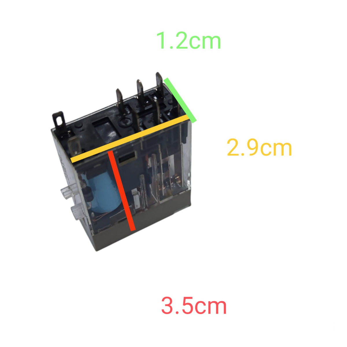 A small black electrical relay component on a white background with colored measurement lines and text showing dimensions 1.2cm, 2.