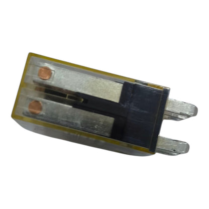 A small electronic component with a clear plastic housing, a black center section, copper-colored circular contacts, and two silver metal pins, shown on a plain white background.