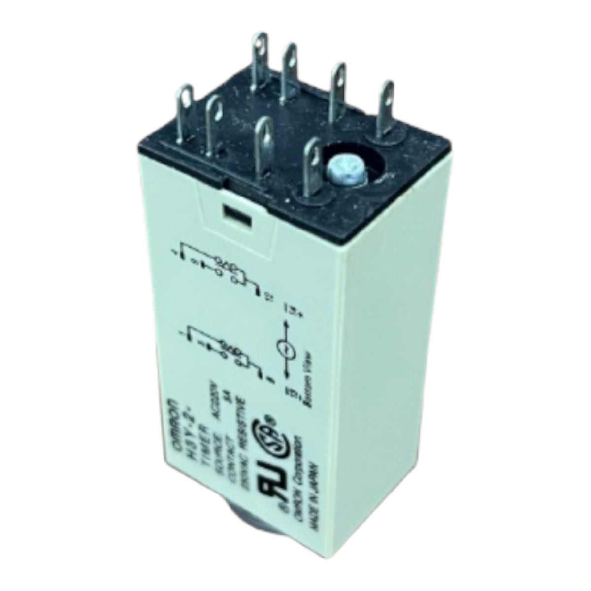 A rectangular electrical relay component with a black top terminal plate, silver metal pins, and a light gray body, shown on a plain white background.