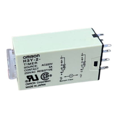 An Omron H3Y-2 AC timer relay module, showing the side and bottom views with printed specifications and electrical diagrams on a white background.