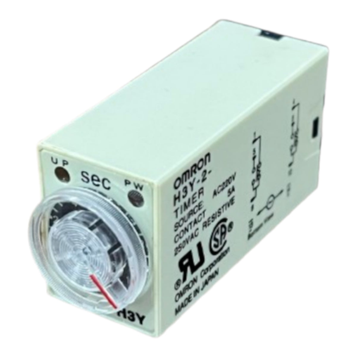 An Omron H3Y-2 AC-220V contact timer relay with a white plastic housing, clear circular dial window, and black printed specifications and symbols.