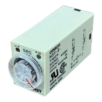 An Omron H3Y-2 AC-220V contact timer relay with a white plastic housing, clear circular dial window, and black printed specifications and symbols.