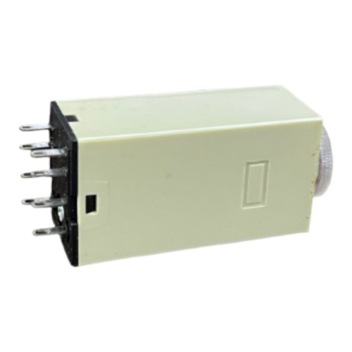 A small rectangular electronic component with a cream-colored plastic body, a black terminal base with multiple metal pins on the left, and a silver cylindrical end on the right, shown on a plain white background.