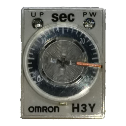An Omron H3Y analog time-delay relay module with a silver metal casing, a black dial face, and a silver adjustment knob, isolated on a white background.