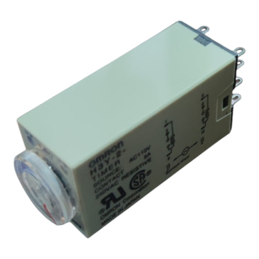 An Omron HJY-2 AC 110V contact timer relay with a beige plastic housing, a clear circular lens on the front, and silver metal terminal pins on the side, shown on a white background.