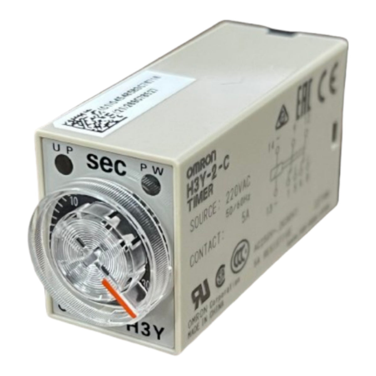 An Omron H3Y-2-C analog timer module, model H3Y-2-C, featuring a beige plastic housing, a clear circular dial window showing a black index dial, and an orange indicator arrow.