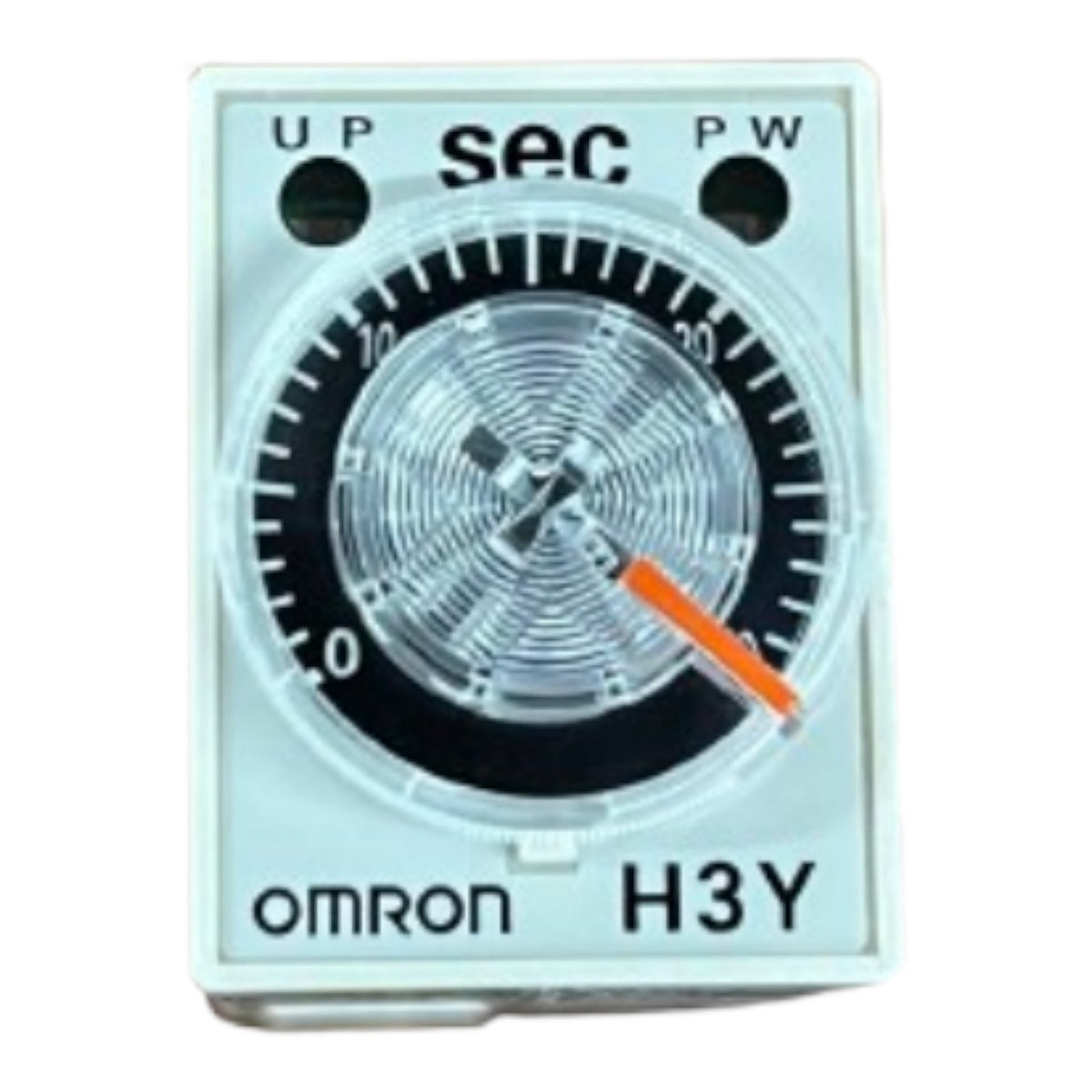 An Omron H3Y 1-second timer relay with a white plastic casing, black dial face, and an orange pointer needle, shown on a plain white background.