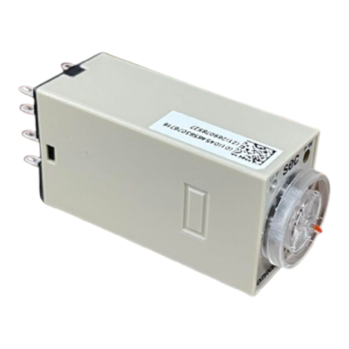 A beige plastic timer relay module with a clear dial window on the front, multiple metal terminal pins on the left side, and a white product label on top, shown against a plain white background.