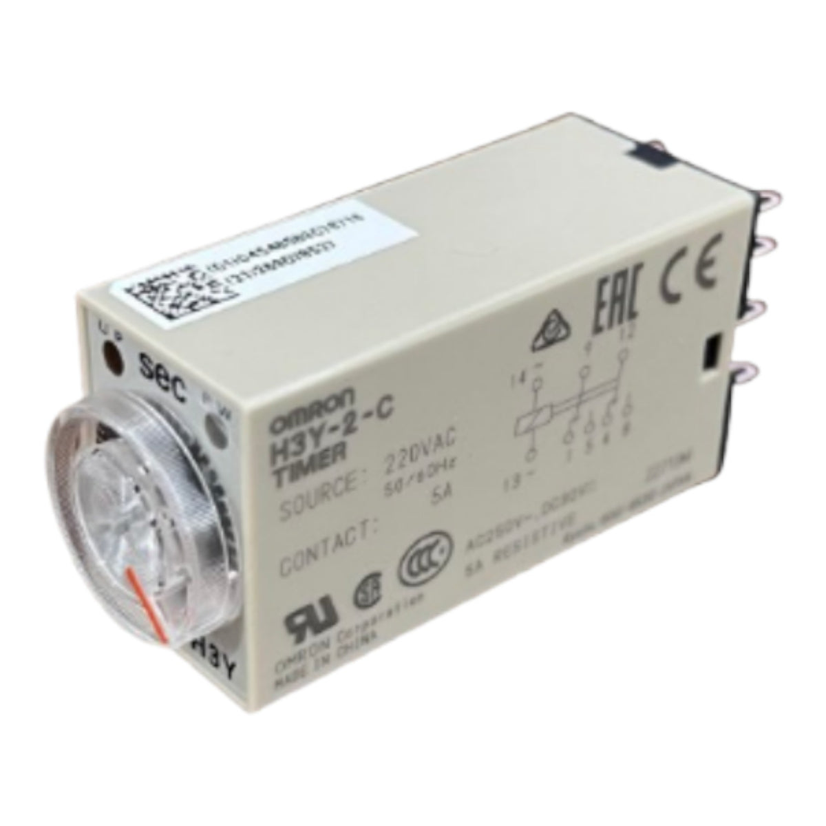 An Omron H3Y-2-C timer relay module, model OMR202020, featuring a beige metal housing, a clear dial window on the front, and multiple terminal pins on the side, shown against a plain white background.