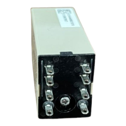 An industrial electrical relay component with a beige metal housing, a black front terminal plate, and multiple silver screw terminals, shown on a plain white background.