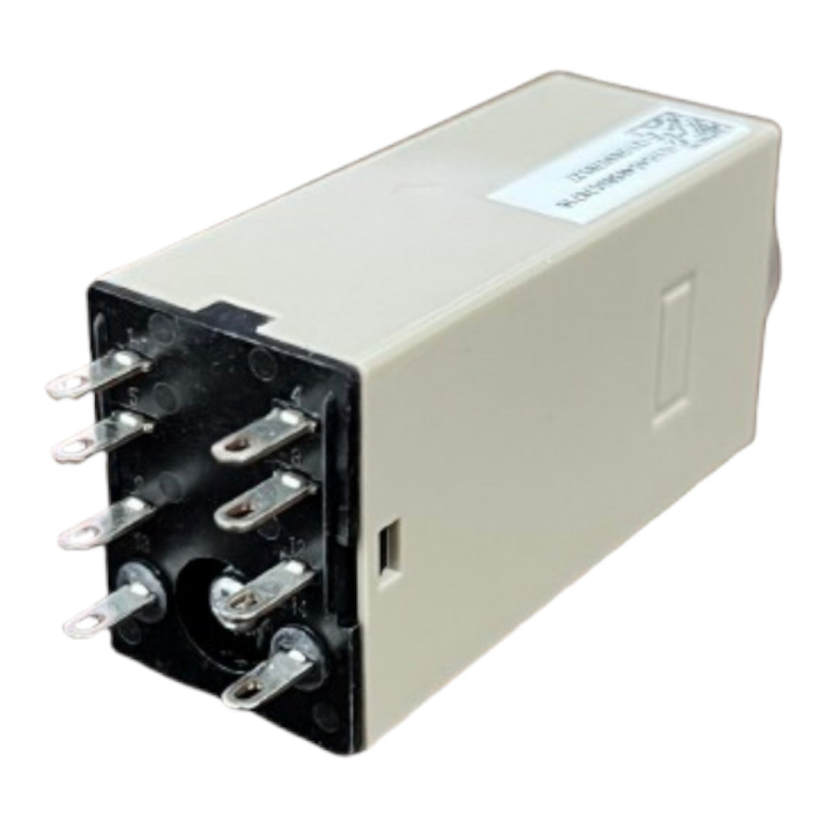 A beige electrical relay component with a black front connector housing and multiple metal pins, shown on a plain white background.