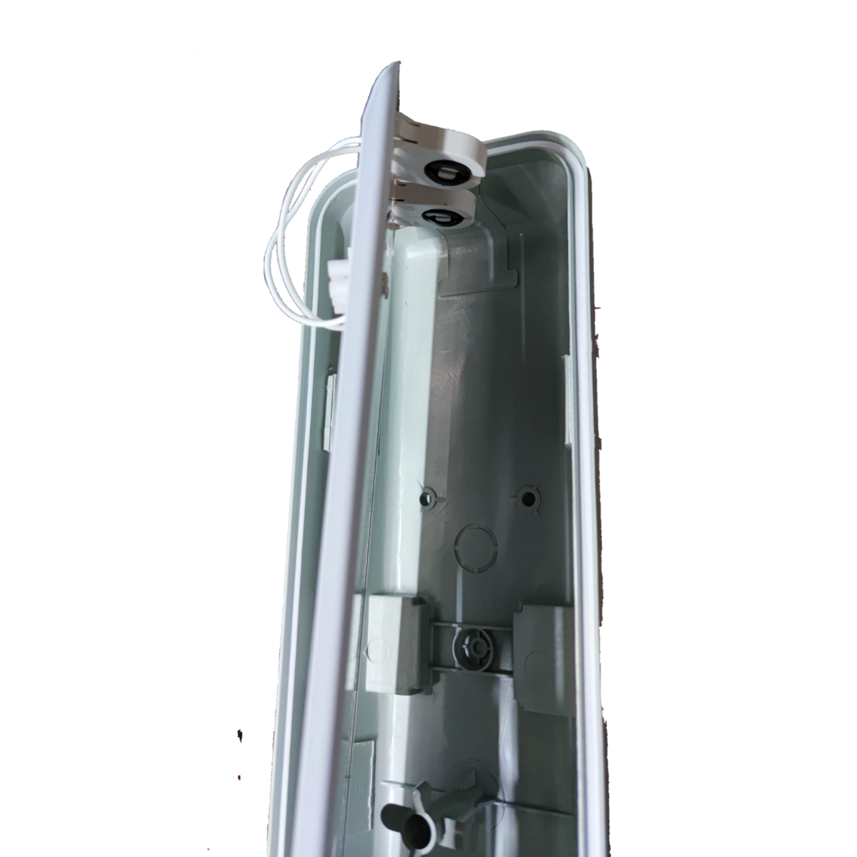 Inside view of Opple weatherproof LED fluorescent fixture showing wiring and mounting options