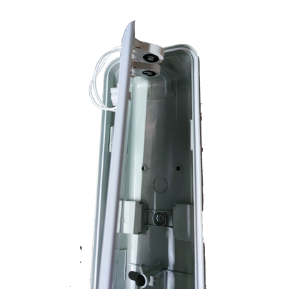 Inside view of Opple weatherproof LED fluorescent fixture showing wiring and mounting options