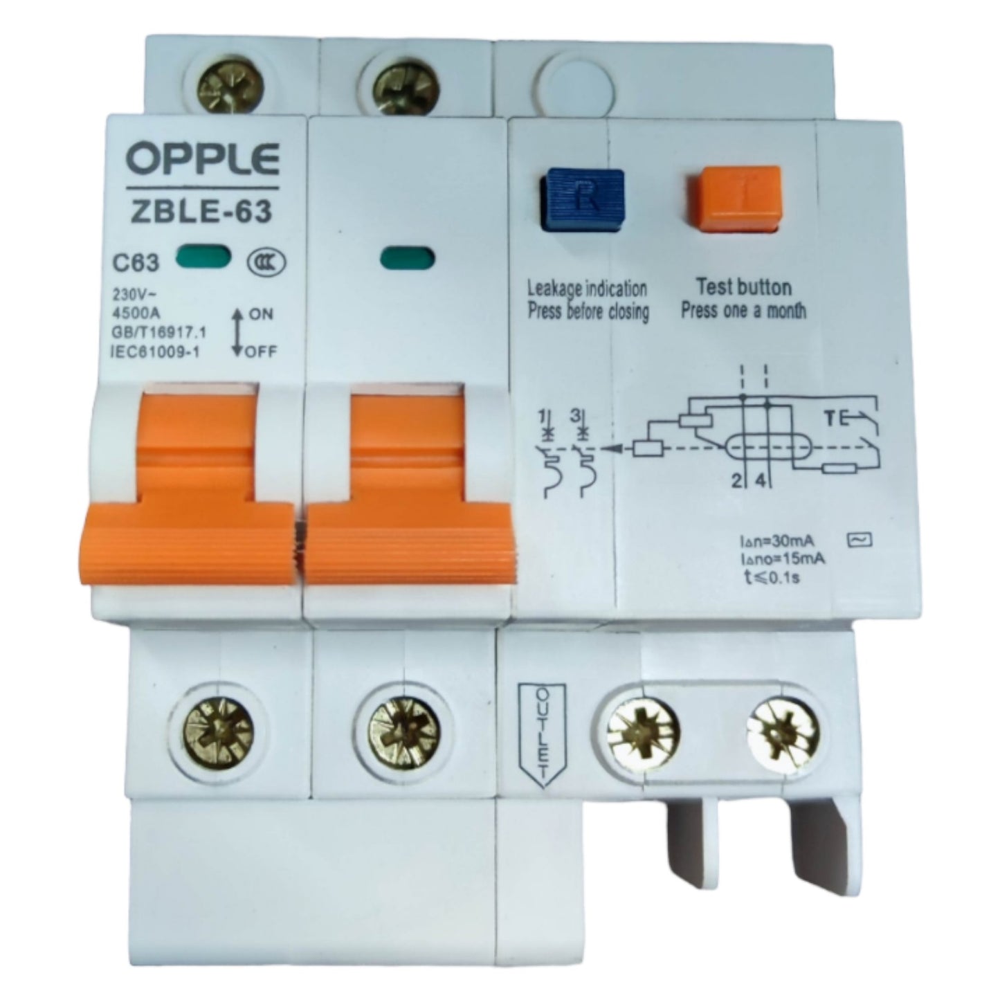 Electrical circuit breaker with orange and white design on a white background