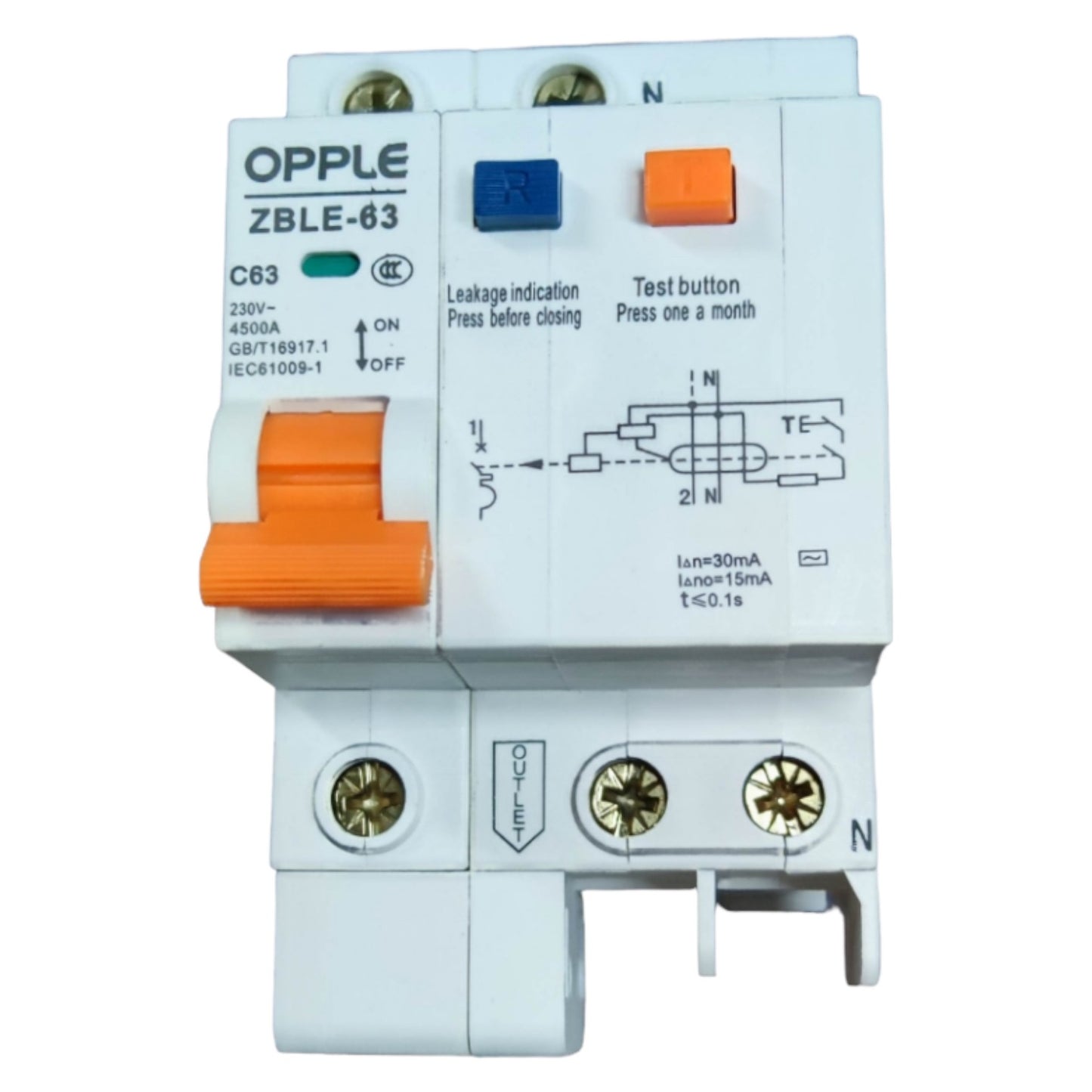 Electrical circuit breaker with Opple branding on a white background