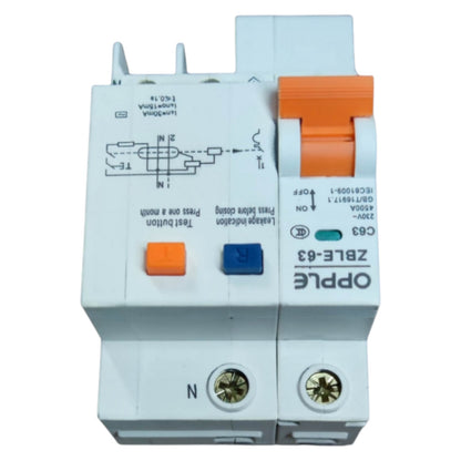 Electrical circuit breaker with orange and blue buttons on a white background